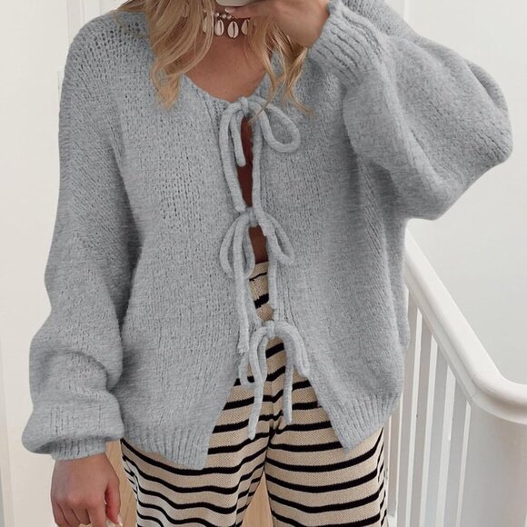 Women's Tie Front Bow Cardigan Sweaters Chunky Knit Long Puff Sleeve Trendy Fall - Picture 5 of 8